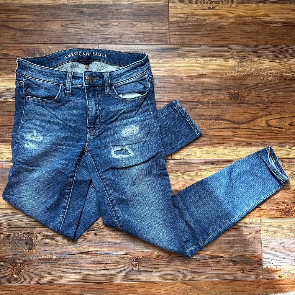 American Eagle Dark Wash Jeggings with Patched Holes